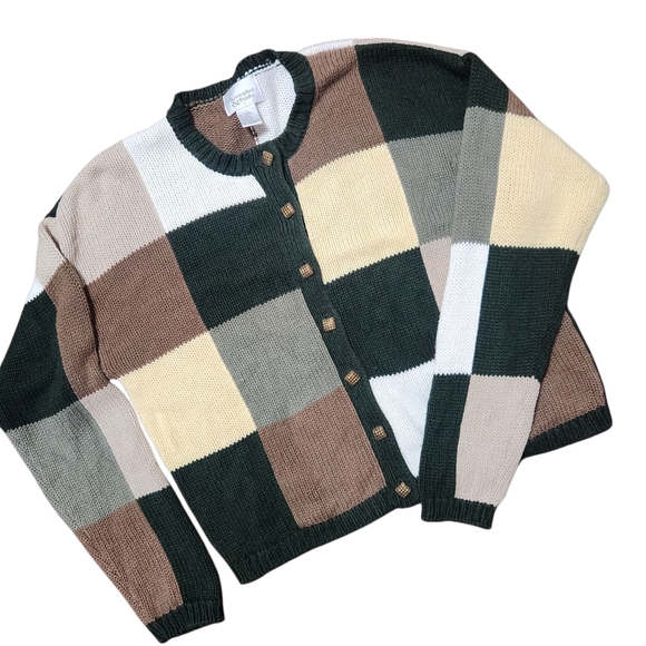 Christopher and Banks Cardigan Sweater Large Patchwork Cotton Blend Green Brown - Picture 1 of 8